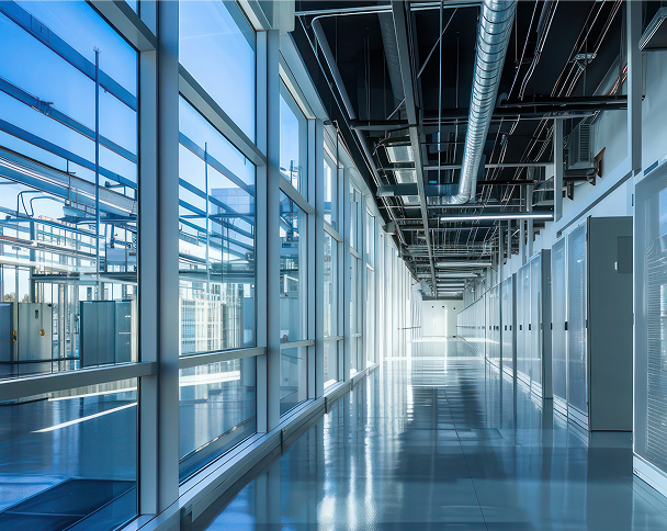 Modern office hallway with glass walls and reflective floor.