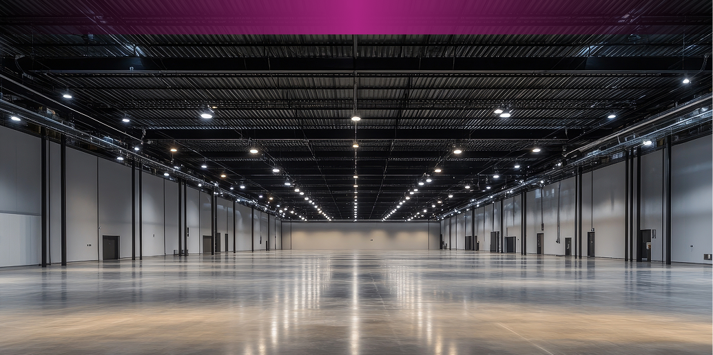 Large empty industrial warehouse with bright overhead lighting.
